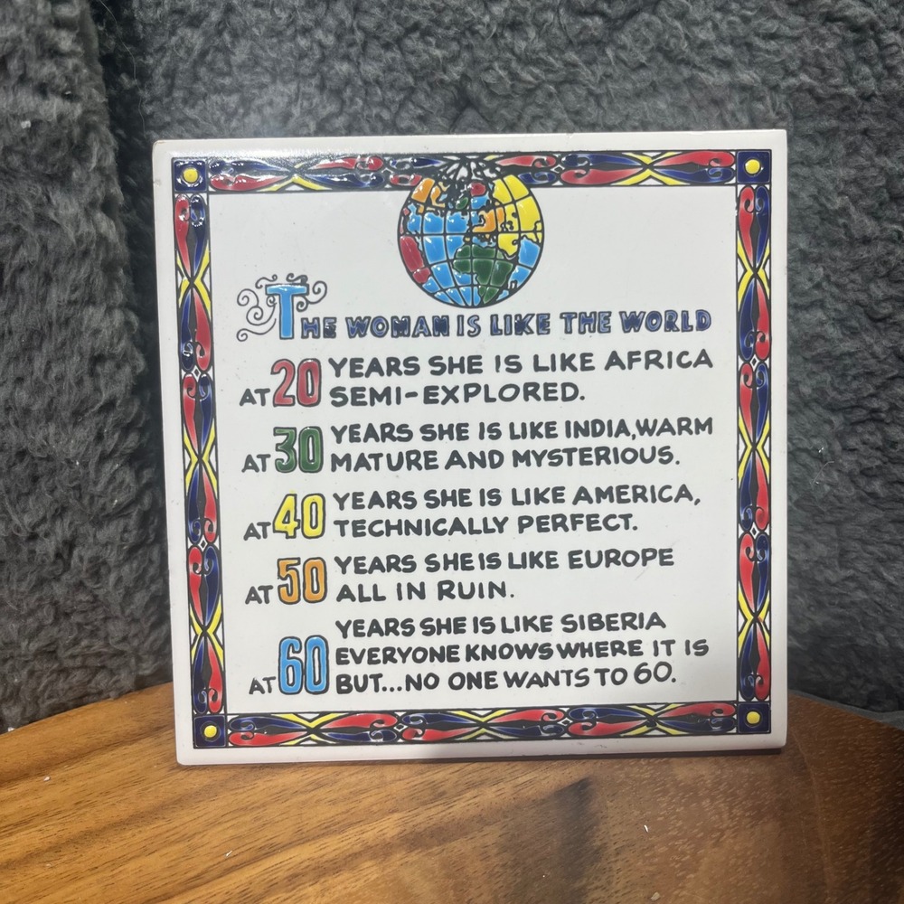 Handmade Niarchos Ceramic Plaque Made in Greece Woman Age Comparison Quote